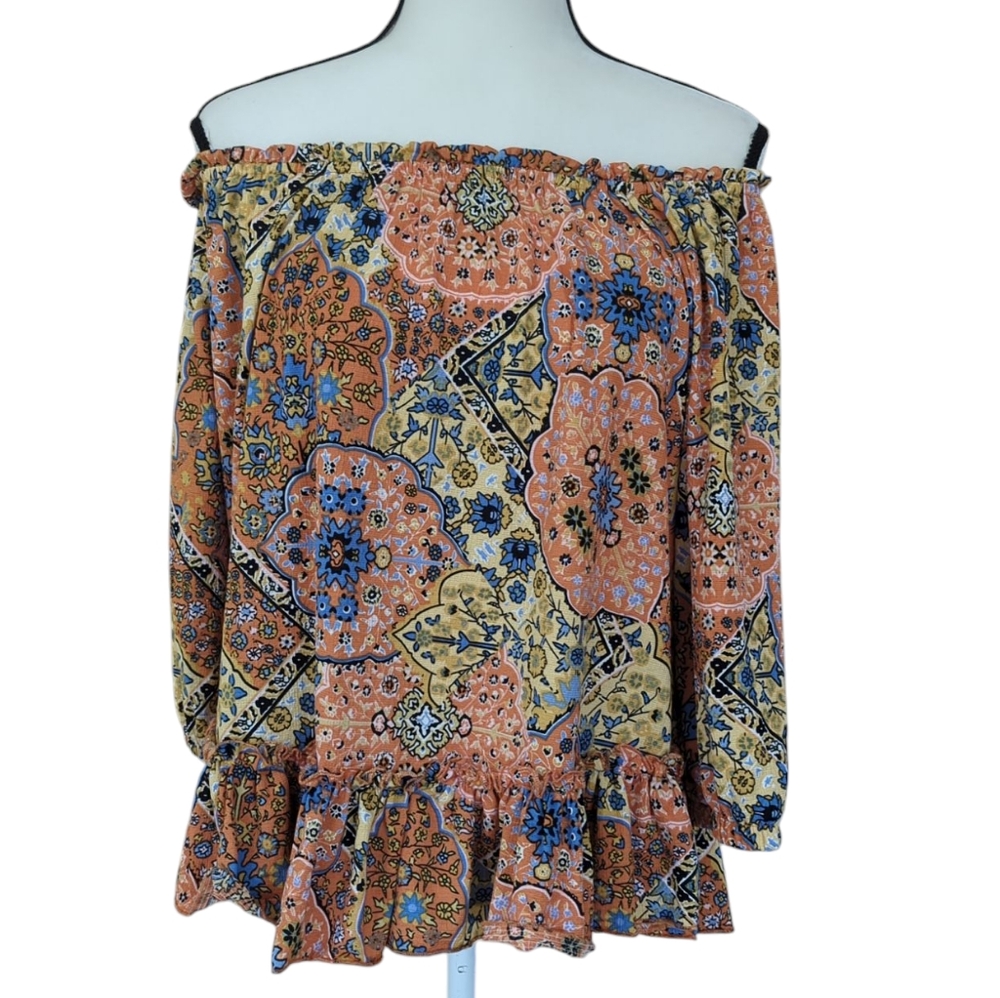 NWT Melloday Floral Ruffle Off the Shoulder Flowy Boho Top Small Blue Orange - Picture 2 of 16